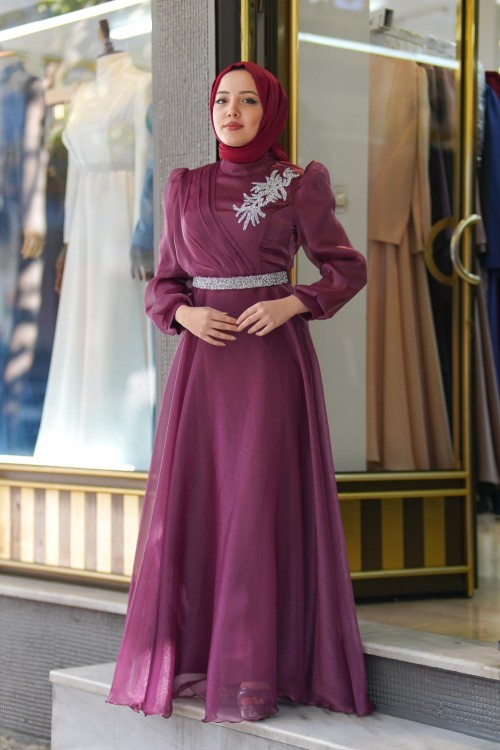 Manolya Omuz Kemer Taş Detay Işıltı Kumaş Kloş Abiye Bordo Bordo