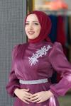 Manolya Omuz Kemer Taş Detay Işıltı Kumaş Kloş Abiye Bordo Bordo