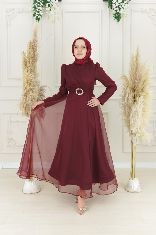 Myday Midi Boy Dalya Kloş Abiye Bordo Bordo