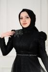 Neva Taş Detay Tül Kloş Abiye Siyah Siyah