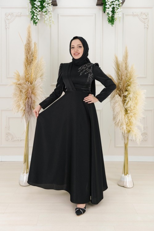 Almina Drape Kuşak Taş Detay Krep Saten Kloş Abiye  Siyah Siyah