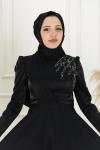 Almina Drape Kuşak Taş Detay Krep Saten Kloş Abiye  Siyah Siyah