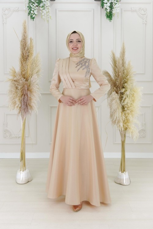 Almina Drape Kuşak Taş Detay Krep Saten Kloş Abiye  Gold Gold