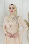 Almina Drape Kuşak Taş Detay Krep Saten Kloş Abiye  Gold Gold