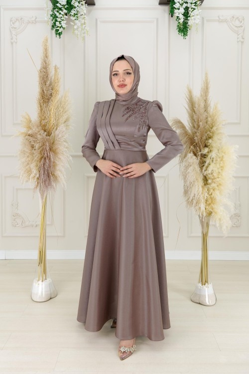 Almina Drape Kuşak Taş Detay Krep Saten Kloş Abiye  Vizon Vizon