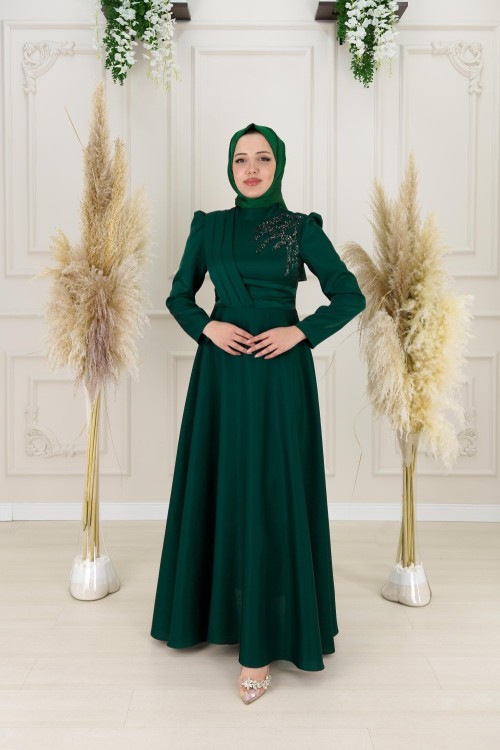 Almina Drape Kuşak Taş Detay Krep Saten Kloş Abiye  Zümrüt Zümrüt