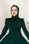 Almina Drape Kuşak Taş Detay Krep Saten Kloş Abiye  Zümrüt Zümrüt
