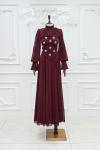 Umay Taşlı Ve Korseli Şİfon Kumaş Kloş Tesettür Abiye Koyu Bordo  Koyu Bordo