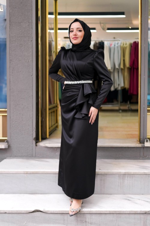 Mimoza Kemer Taş Detay Asetat Saten Kalem Abiye Siyah Siyah