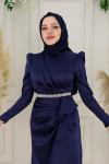 Mimoza Kemer Taş Detay Asetat Saten Kalem Abiye Lacivert Lacivert