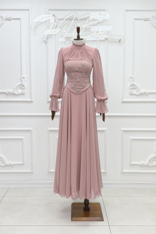 Umay Taşlı Ve Korseli Şİfon Kumaş Kloş Tesettür Abiye Toz Pembe Pembe
