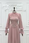 Umay Taşlı Ve Korseli Şİfon Kumaş Kloş Tesettür Abiye Toz Pembe Pembe
