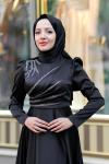Silva Çapraz Taş Detay Saten Kloş Abiye Siyah Siyah