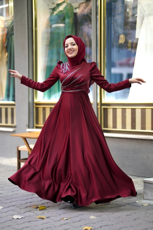 Silva Çapraz Taş Detay Saten Kloş Abiye Bordo Bordo