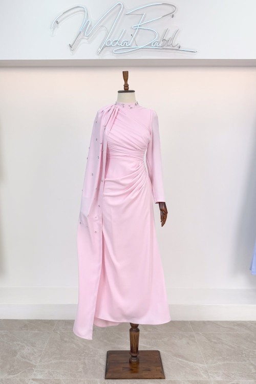 Tuana Omuz Pelerinli Taş Detay Adriana Tesettür Abiye Canlı  Pembe Pembe
