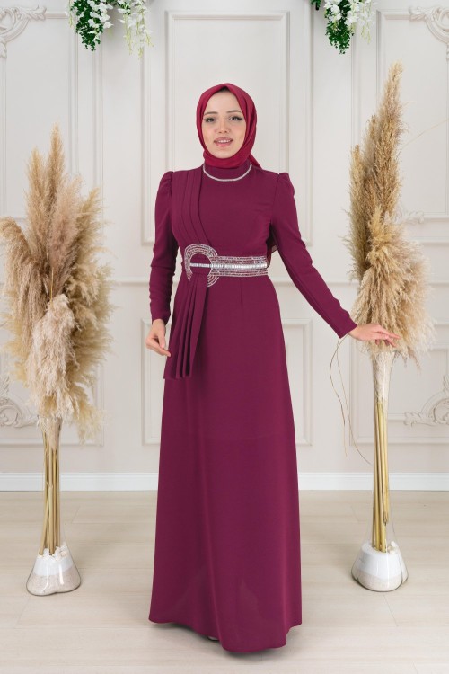 Queen Göbek Taş Detay Krep Kalem Abiye Bordo Bordo
