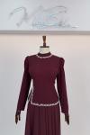 Mery Yaka Ve Bel Taşlı Krep ve Şifon Kumaş Kloş Tesettür Abiye Bordo Bordo