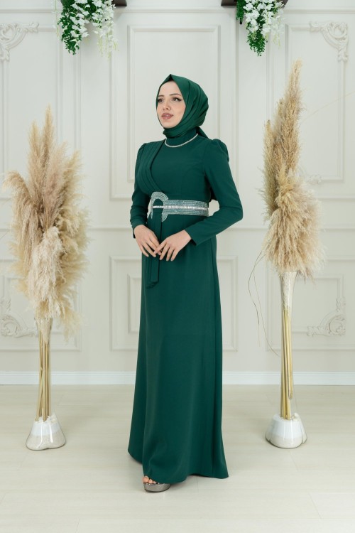 Queen Göbek Taş Detay Krep Kalem Abiye Zümrüt Zümrüt