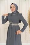 Queen Göbek Taş Detay Krep Kalem Abiye Gri Gri