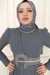 Queen Göbek Taş Detay Krep Kalem Abiye Gri Gri