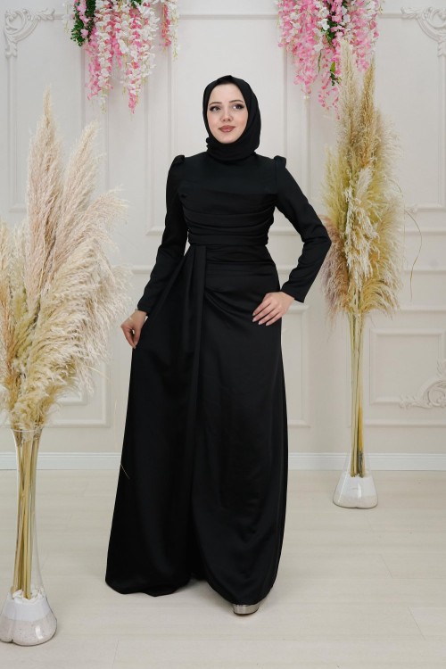 Fidan Drapeli Asetat Saten Kalem Abiye Siyah Siyah