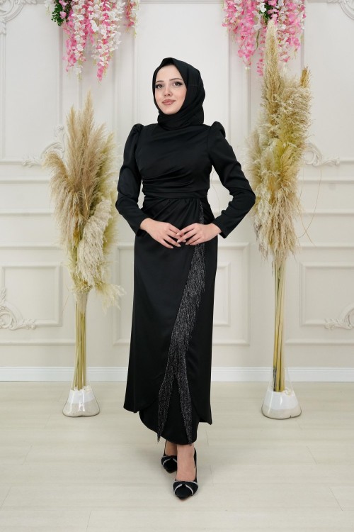 Ovella Püsküllü Zara Saten Kalem Abiye Siyah Siyah