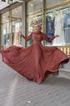 Hanne Güpür Detay Balon Kol Kobe Saten Kloş Abiye Bakır Bakır