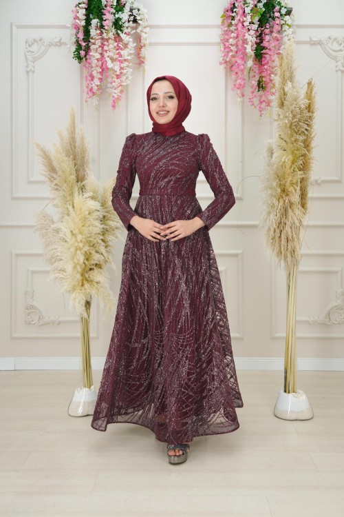Işıltı Pul Kabartma Simli Kloş Abiye Bordo Bordo