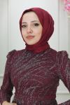 Işıltı Pul Kabartma Simli Kloş Abiye Bordo Bordo