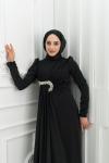Hayal Bel Yan Taş Detay Jesika Kalem Tesettür Abiye Siyah Siyah