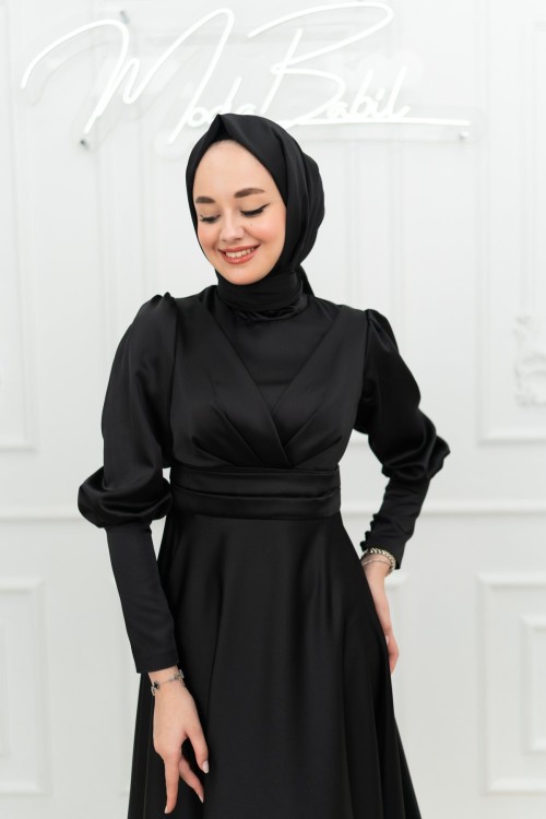 Begonya Balon Kol Asetat Saten Kloş Abiye Siyah Siyah