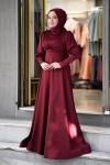 Begonya Balon Kol Asetat Saten Kloş Abiye Bordo Bordo