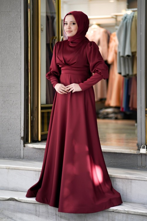 Begonya Balon Kol Asetat Saten Kloş Abiye Bordo Bordo