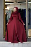 Begonya Balon Kol Asetat Saten Kloş Abiye Bordo Bordo