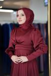 Begonya Balon Kol Asetat Saten Kloş Abiye Bordo Bordo