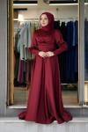 Begonya Balon Kol Asetat Saten Kloş Abiye Bordo Bordo