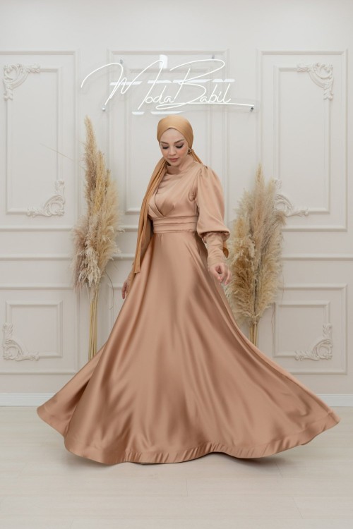 Begonya Balon Kol Asetat Saten Kloş Abiye Gold Gold