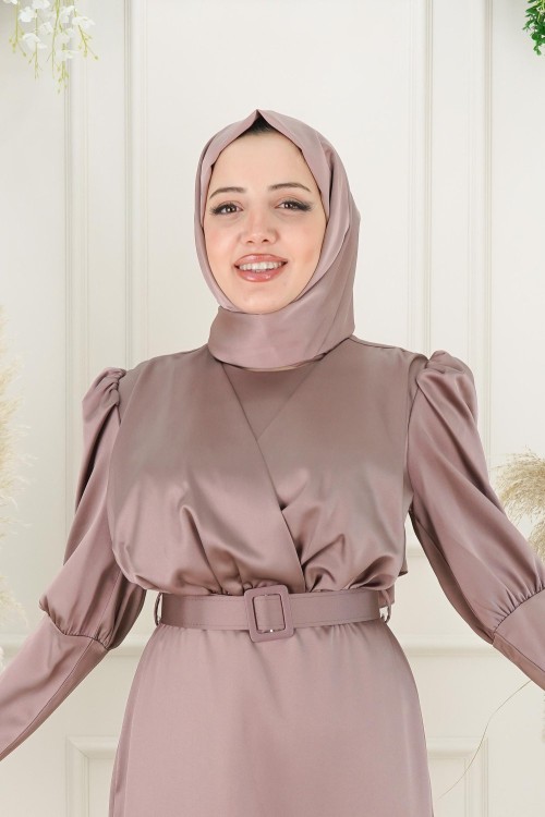 Papatya Balon Kol Kuşaklı Asetat Saten Kalem Abiye Vizon Vizon
