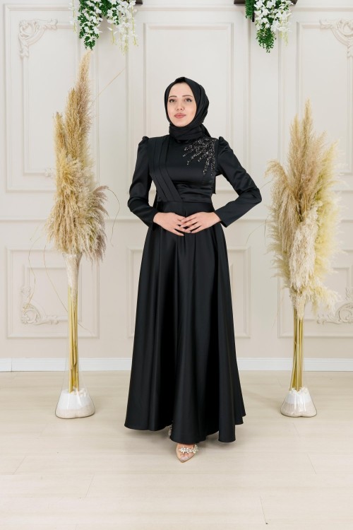 Evla Omuz Bel Drape Kuşak Omuz Taş Detay Asetat Saten Kloş Abiye Siyah Siyah