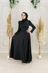 Evla Omuz Bel Drape Kuşak Omuz Taş Detay Asetat Saten Kloş Abiye Siyah Siyah