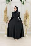 Evla Omuz Bel Drape Kuşak Omuz Taş Detay Asetat Saten Kloş Abiye Siyah Siyah