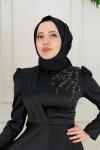 Evla Omuz Bel Drape Kuşak Omuz Taş Detay Asetat Saten Kloş Abiye Siyah Siyah