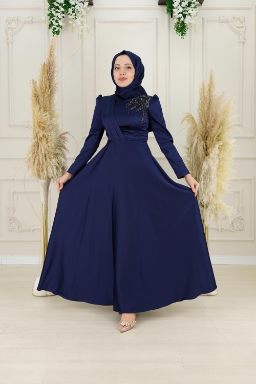 Evla Omuz Bel Drape Kuşak Omuz Taş Detay Asetat Saten Kloş Abiye Lacivert Lacivert