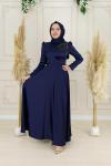 Evla Omuz Bel Drape Kuşak Omuz Taş Detay Asetat Saten Kloş Abiye Lacivert Lacivert