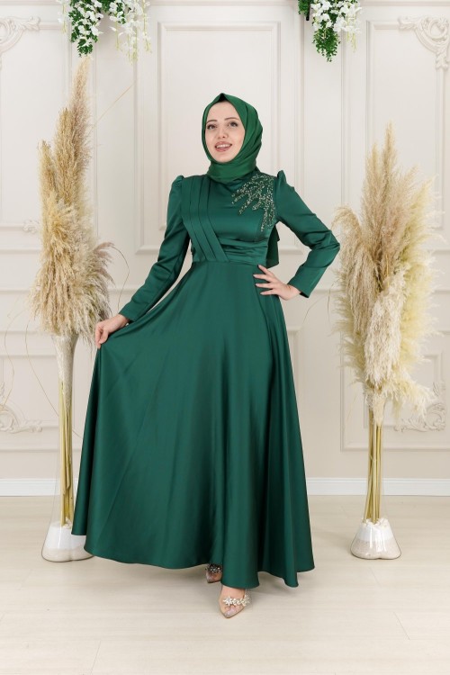 Evla Omuz Bel Drape Kuşak Omuz Taş Detay Asetat Saten Kloş Abiye Zümrüt Zümrüt