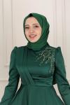 Evla Omuz Bel Drape Kuşak Omuz Taş Detay Asetat Saten Kloş Abiye Zümrüt Zümrüt