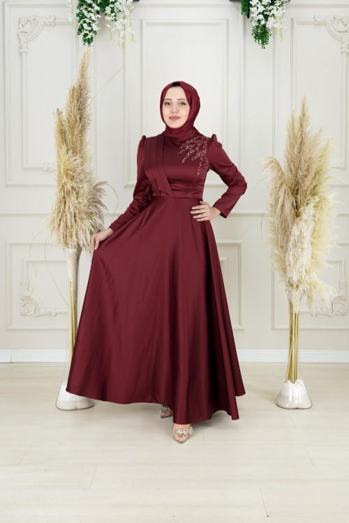 Evla Omuz Bel Drape Kuşak Omuz Taş Detay Asetat Saten Kloş Abiye Bordo Bordo