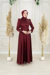 Evla Omuz Bel Drape Kuşak Omuz Taş Detay Asetat Saten Kloş Abiye Bordo Bordo