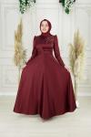 Evla Omuz Bel Drape Kuşak Omuz Taş Detay Asetat Saten Kloş Abiye Bordo Bordo
