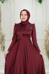 Evla Omuz Bel Drape Kuşak Omuz Taş Detay Asetat Saten Kloş Abiye Bordo Bordo